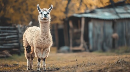 Obraz premium A curly haired llama stands in a rustic outdoor setting