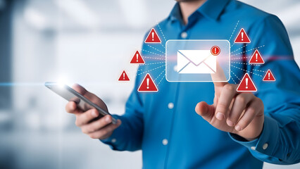 Digital Email Security Threat Man Navigating Urgent Online Warnings and Phishing Attempts on a Virtual Interface, Emphasizing Data Protection