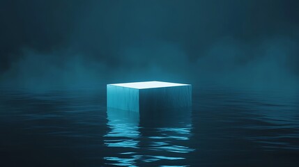 Glowing futuristic cube podium in dark water fog high resolution image