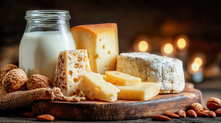 Cheese platter delight, Rustic cheese platter featuring assorted cheeses and cozy ambiance