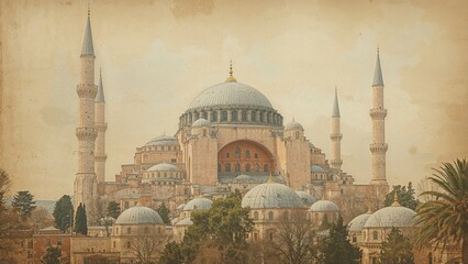 Fototapeta premium Magnificent mosque with domes and minarets, historic architecture, and lush greenery surrounding the structure.