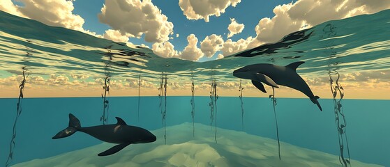 Two dolphins swimming peacefully under the ocean surface high resolution image