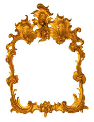 Old antique elegant hand carved golden asymmetric rococo frame&nbsp;with ornamental decoration - PNG image isolated on transparent white background.