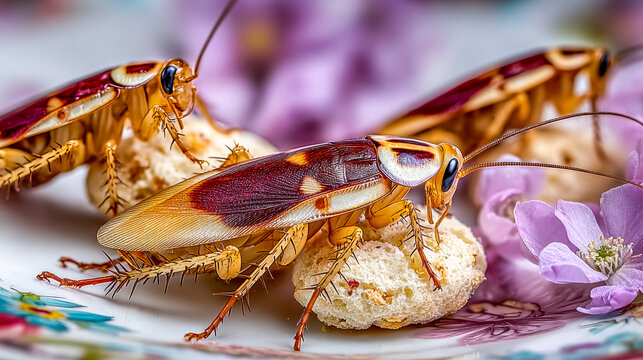 Cockroach atop pastry surface, Bug crawling over dessert with floral background displayed