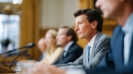 City council members seated around a long table in a formal chamber, microphones and documents visible, representing local government decision-making and democratic process. cinematic color