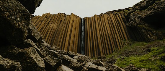 Volcanic basalt columns waterfall, icelandic landscape nature scenic view high resolution image