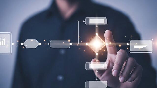 System architect or manager mapping out a business process flowchart with a glowing digital touch interface. - Powered by Adobe