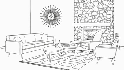 Mid-century modern living room with stone fireplace line art illustration