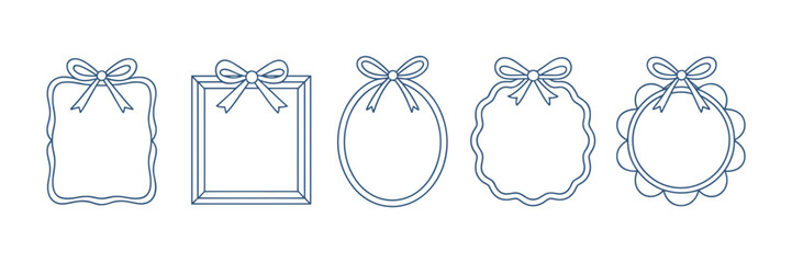 Doodle line frame, ribbon bow border set, vector hand drawn coquettish wedding decor, elegant lace. Minimal holiday whimsical postcard design, wax crayon texture, wavy decoration print. Doodle frame