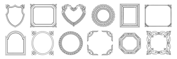 Doodle picture frame, hand drawn line vintage border, classic gallery empty decor vector baroque art. Ornamental decoration design elements, round, heart, oval shapes, swirl arch. Picture frame icon