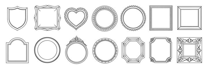 Doodle picture frame, hand drawn line vintage border, classic gallery empty decor vector baroque art. Ornamental decoration design elements, round, heart, oval shapes, swirl arch. Picture frame icon