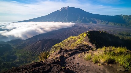 Volcanic landscape view from high ridge above clouds high resolution image