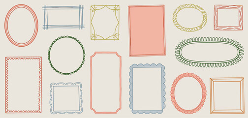 Cute wavy wedding frame, vector hand drawn oval vintage border set. Coquettish celebration design. Elegant classic line decoration background, simple postcard decor. Whimsical invitation frame set.