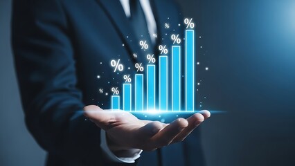 Financial profit and interest rates growth concept with businessman holding a glowing blue bar chart with percentage symbols on a dark background