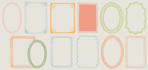 Cute wavy wedding frame, vector hand drawn oval vintage border set. Coquettish celebration design. Elegant classic line decoration background, simple postcard decor. Whimsical invitation frame set.