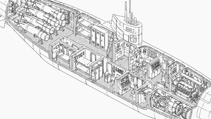 Cutaway illustration of a military submarine's interior layout
