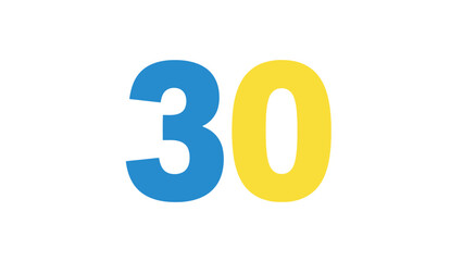 Number 30, Blue and Yellow, Isolated on White Background