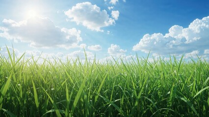 Obraz premium Bright sunny day over lush green grass with blue sky and clouds, under sunlight. Nature landscape and outdoor scene.