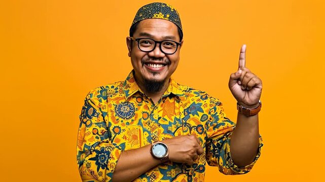 Confident smiling man in vibrant patterned shirt pointing upward.