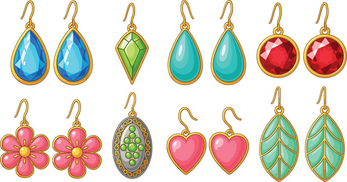 Colorful gemstone earrings collection vector illustration with hearts leaves flowers and teardrop jewelry designs isolated on white background