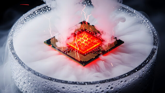 Vibrant red geode emerging from frozen mist