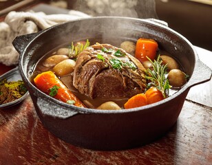 Slow cooking beef pot roast with vegetables