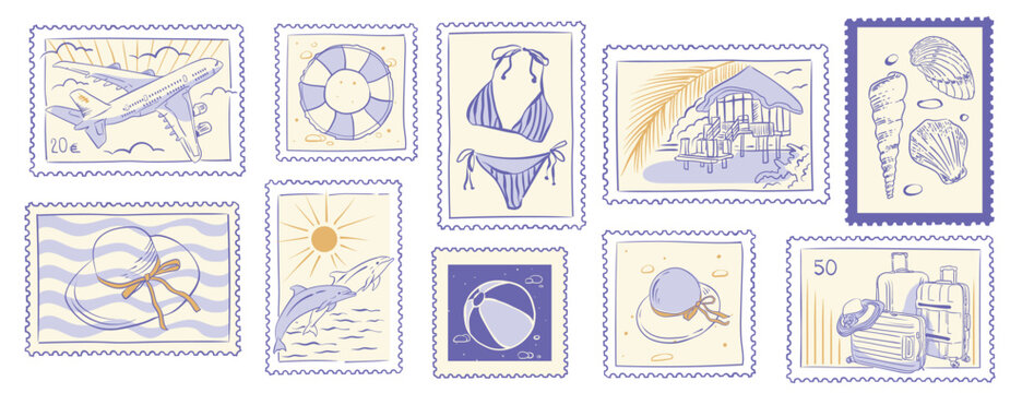 Summer travel postage stamps set in vintage hand drawn style.  An airplane, suitcases, a inflatable ring, a bungalow and other attributes and signs of a great vacation. Vector bundle.