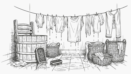 Vintage Laundry Day Scene Hand Washing Clothes on a Clothesline with Traditional Tub and Baskets