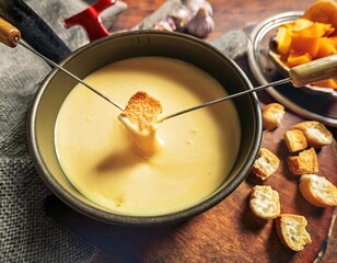 Dipping bread into a warm cheese fondue pot