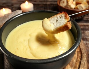 Cheese fondue pot with bread dipping enjoying dinner