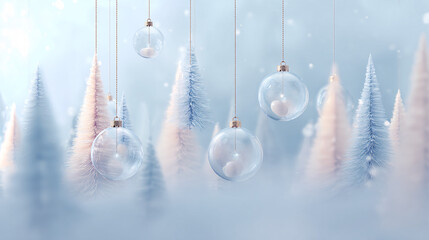 Modern winter holiday banner featuring transparent glass layers and hanging baubles with copy space.
