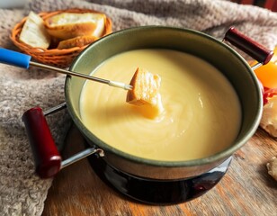 Cheese fondue pot with bread for dipping