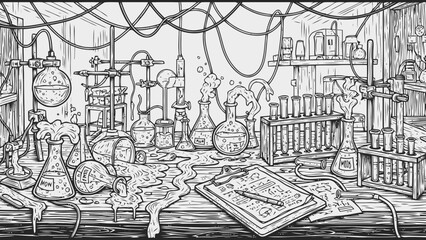 Retro laboratory with bubbling beakers and scientific equipment