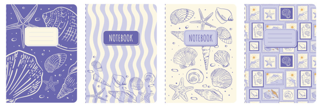 Cover page templates notebook. Marine Seashell and stamps. Versatile layouts with retro image in vintage colors. For notebooks, planners, brochures. Vector set.