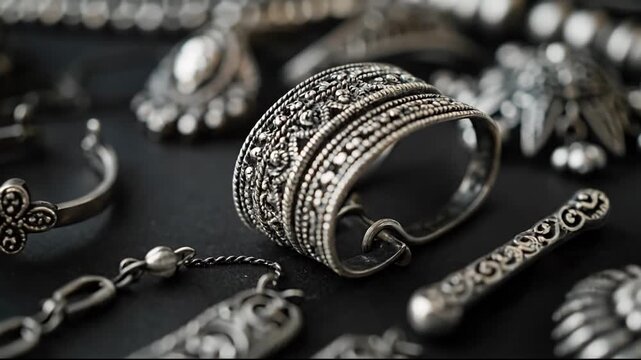 Close-up of ornate silver jewelry collection with detailed filigree ring and pendants.