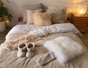 Cozy neutral bedroom with blankets and warm slippers
