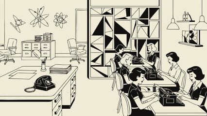 Retro Office Scene with Women Typing at Desks
