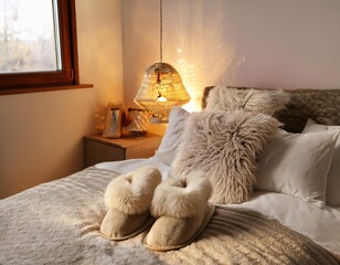 Cozy slippers waiting on warm scandinavian style bed