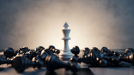 Strategic victory in business concept with white chess king piece standing among fallen black pieces on a chessboard