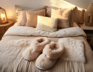 Cozy faux fur slippers resting on bed