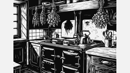 Rustic kitchen interior with vintage stove and hanging herbs