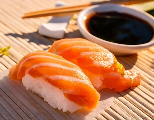 Fresh salmon nigiri sushi with soy sauce