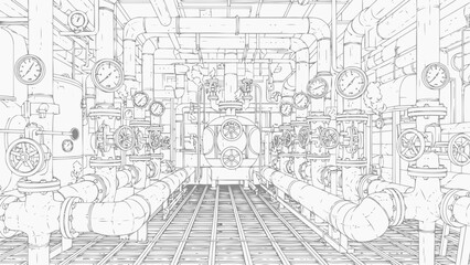 Industrial Pipeline System with Gauges and Valves Illustration
