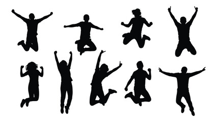 Silhouettes of people in dynamic poses jumping and exhibiting joyful movement