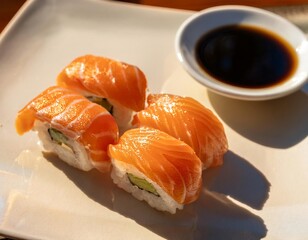 Fresh salmon sushi rolls with soy sauce