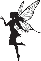 Black silhouette of a fairy with detailed butterfly wings in mid-flight white