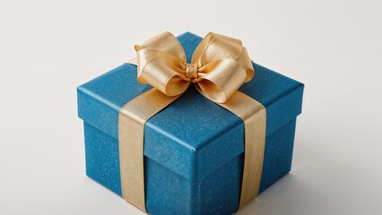 Obraz premium Blue gift box with a golden ribbon and bow, isolated on a white background.