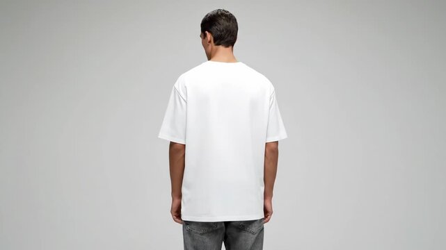 Man in White T-Shirt - A young man with short dark hair is looking back over his shoulder. He is wearing a plain white t-shirt and washed grey jeans against a light grey background.