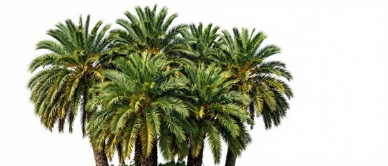 Fototapeta premium Dense tropical palm trees cluster isolated on white background with lush foliage for design use