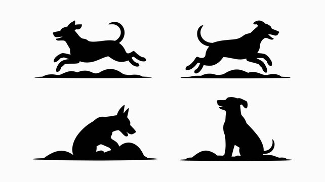 a minimalist depiction of canine silhouettes shows two dogs dynamically leaping and two more in seated or crouching poses all in black high quality professional detailed